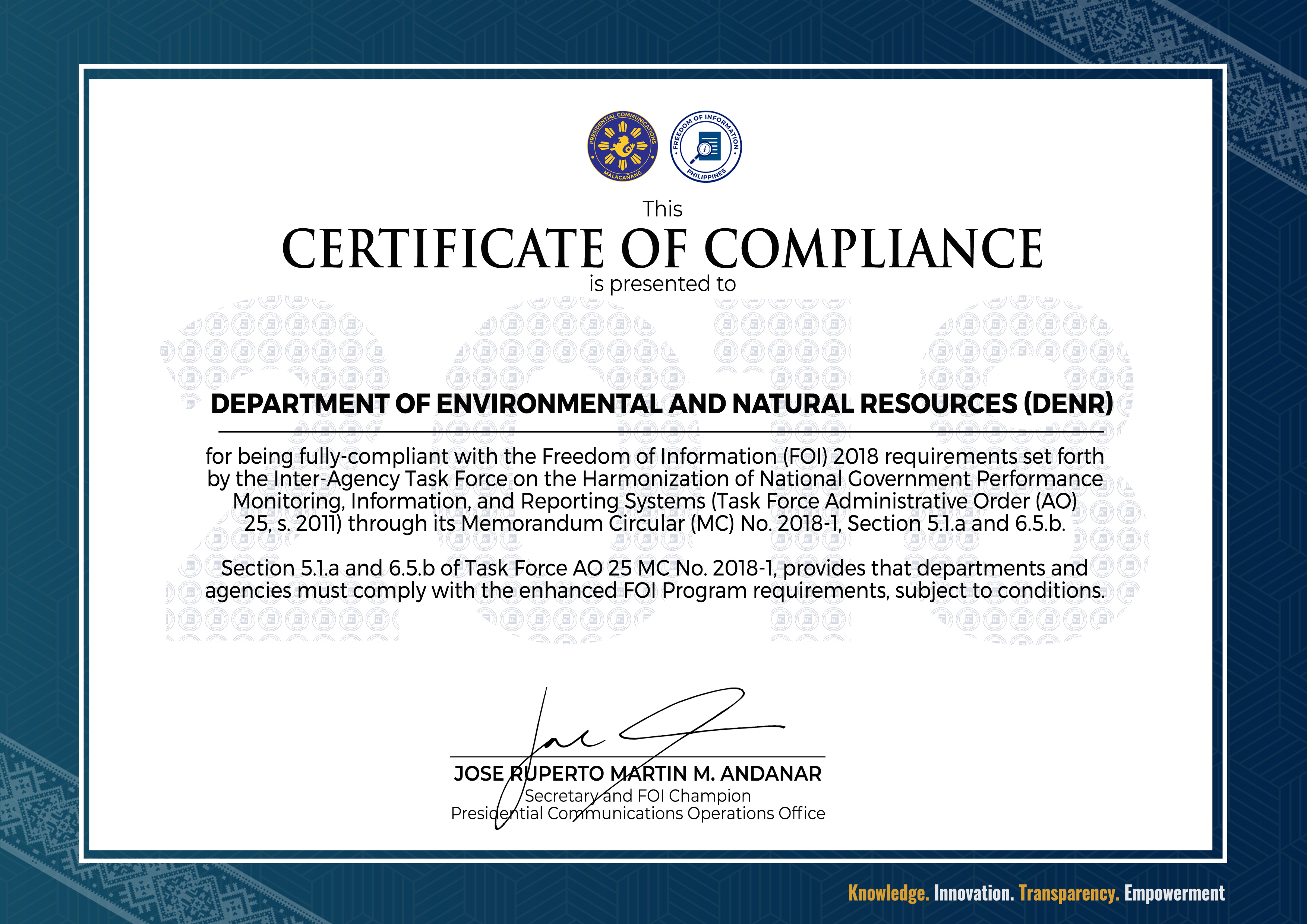 DENR FOI Certificate of Compliance CY2018